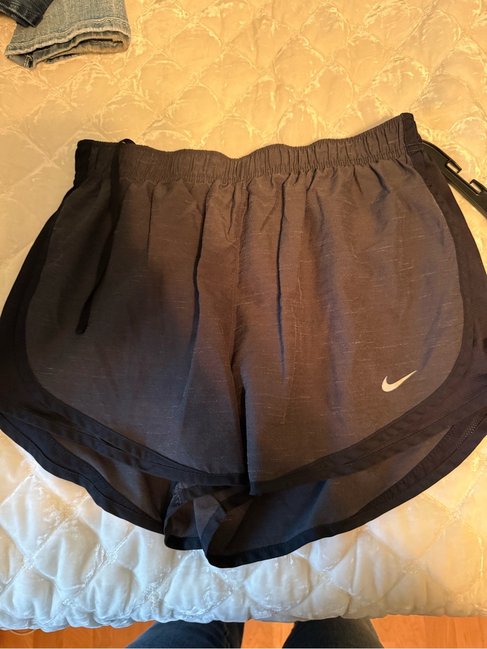 Nike Women's Gray and Black Athletic Running Shorts with White Swoosh